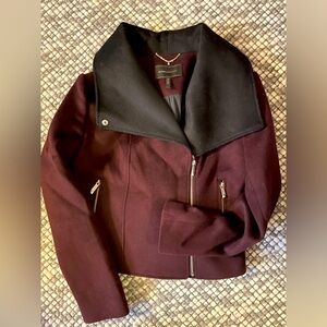BCBGMaxazria burgundy/black wool moto style pea coat